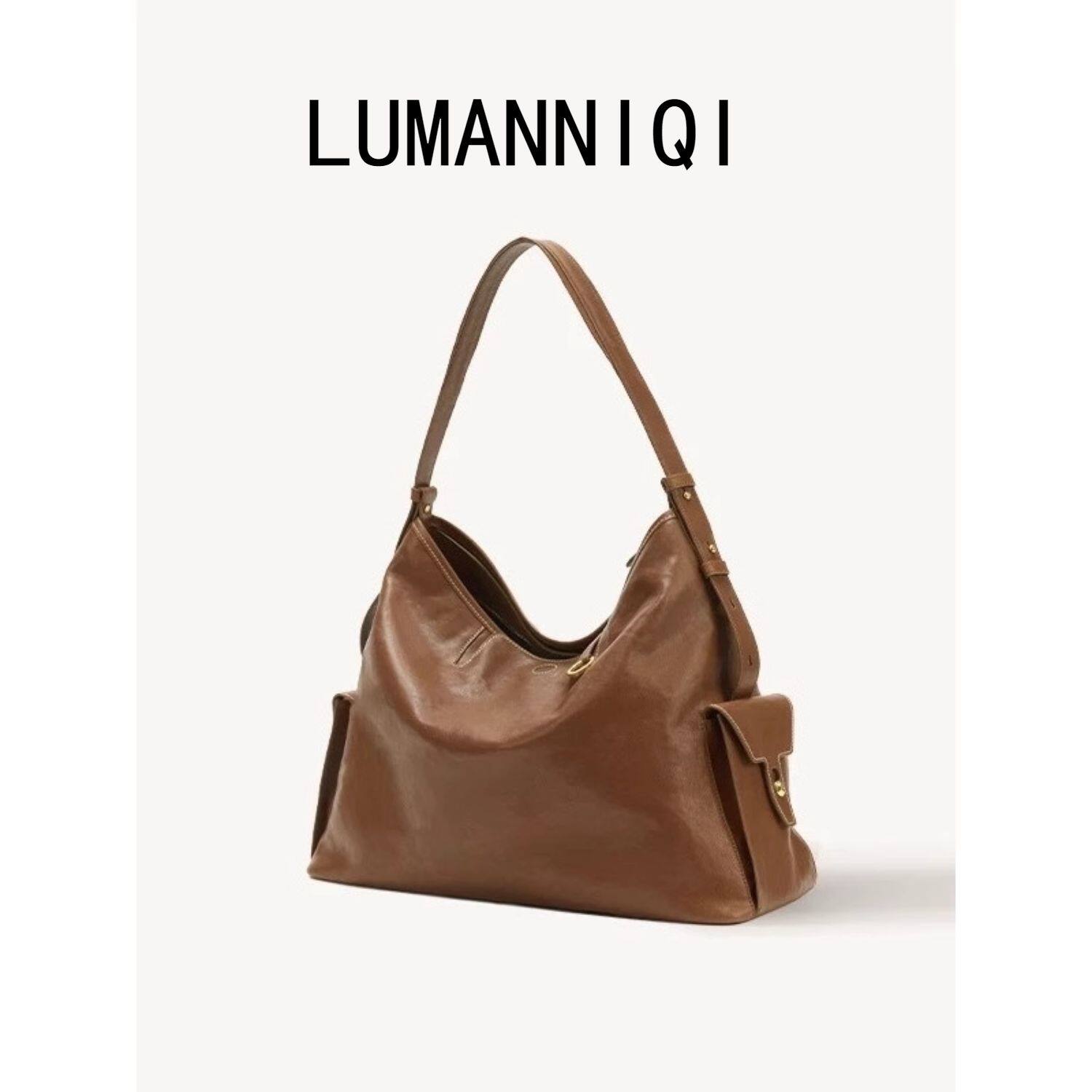 【蒋奇明同款】LUMANNIQI旅行hobo包大容量斜挎麂皮植鞣皮电脑包 - 图0