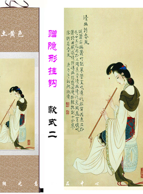 古月仕女吹笛图丝绸画 室内壁画影视道具画餐厅书房卧室装饰画