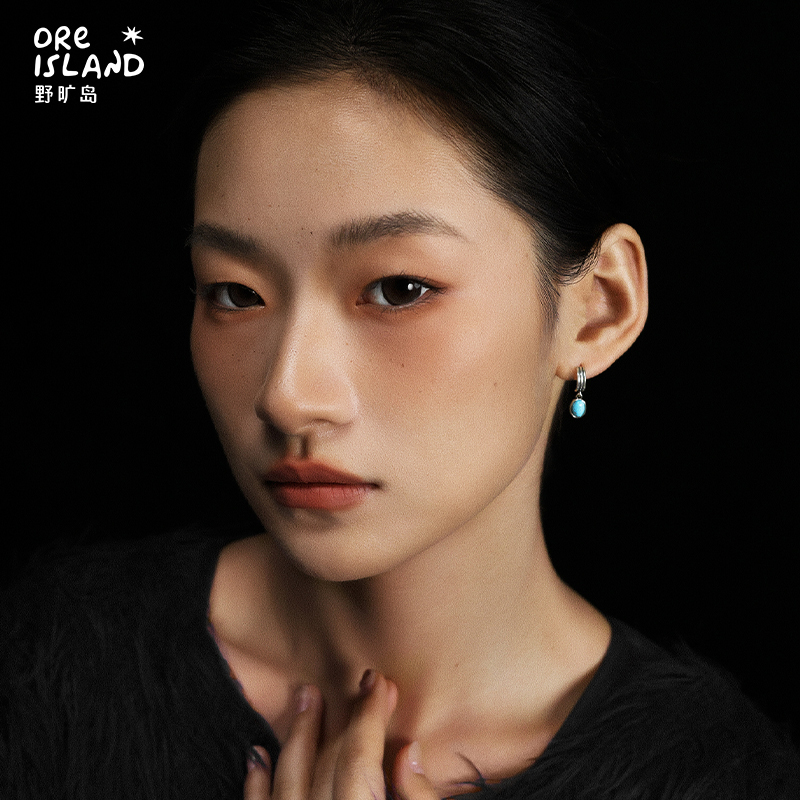 野矿岛925银绿松石简约耳饰耳钉镶嵌个性原创设计个性耳环帅气 - 图2