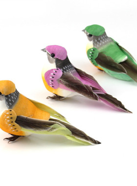 仿真小鸟装饰品道具摆件彩色真羽毛泡沫假鸟墙面捆绑壁挂园林树枝