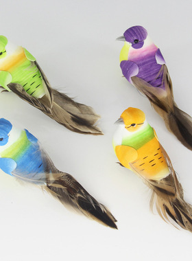 创意仿真羽毛小鸟摆件彩色泡沫铁丝捆绑假园林乡村美式装饰道具