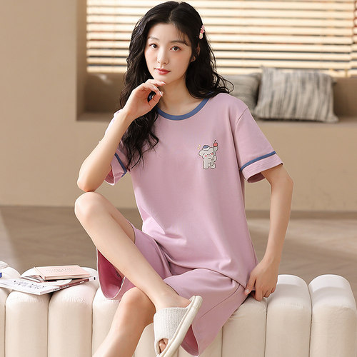 睡衣女夏纯棉短袖可外穿薄款家居服夏季甜美可爱卡通学生两件套装 - 图0