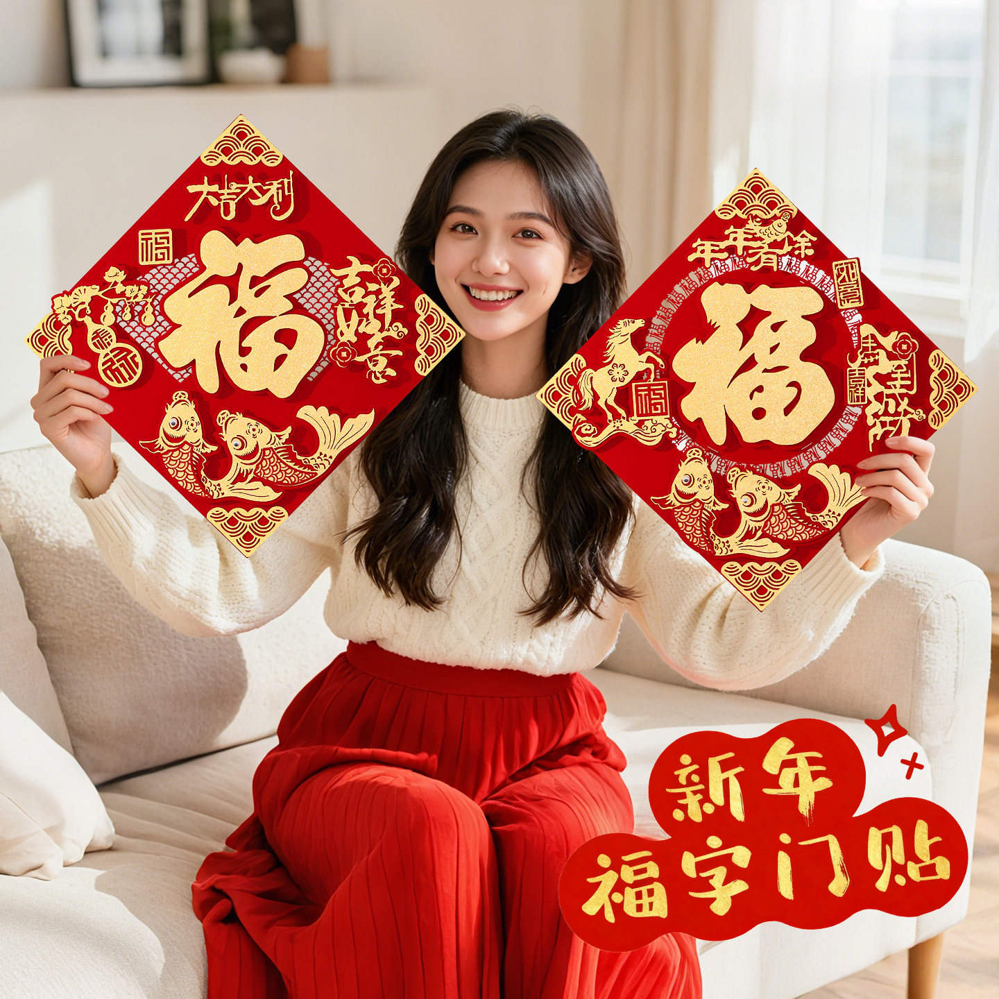 2026马年福字门贴磁吸自粘春节过年布置大门立体植绒年画新年装饰,淘宝优惠券,粉丝福利购,淘宝优惠卷