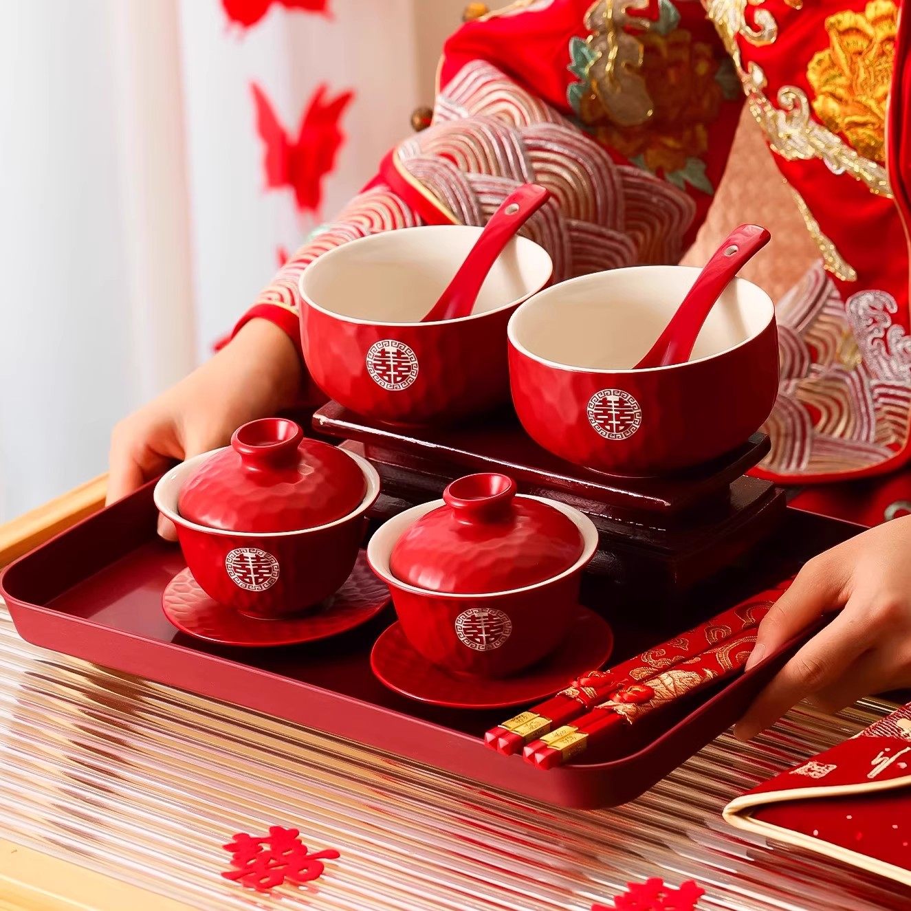 改口敬茶杯结婚套装一对盖碗筷红色喜庆喜碗陪嫁茶具婚礼敬酒杯子,淘宝优惠券,粉丝福利购,淘宝优惠卷