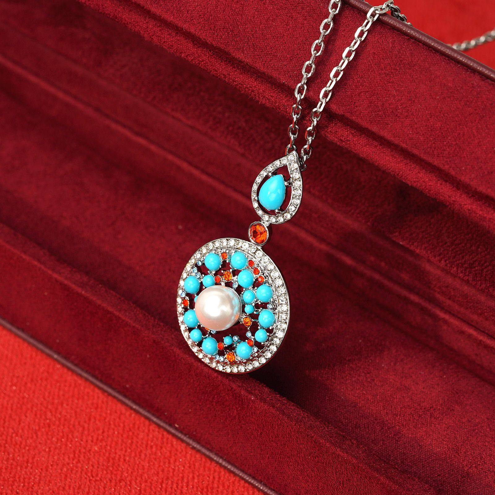 中古宫廷风镶嵌珍珠耳钉项链套装女复古蓝色时尚气质轻奢小众夸张,淘宝优惠券,粉丝福利购,淘宝优惠卷