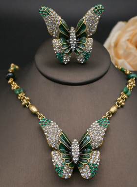欧美中古vintage饰品蝴蝶项链戒指套装时尚设计感高级感镶钻配饰