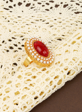 中古vintage宫廷风戒指女珍珠红色时尚百搭轻奢文艺复古手饰饰品