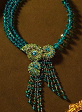 欧美复古时尚流苏蓝色海洋海螺串珠项链仿中古vintage镶钻长项链