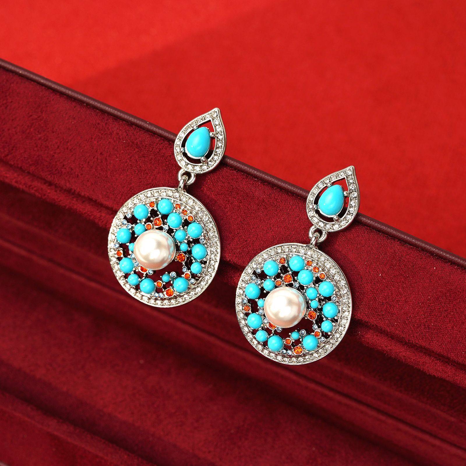 中古宫廷风镶嵌珍珠耳钉项链套装女复古蓝色时尚气质轻奢小众夸张,淘宝优惠券,粉丝福利购,淘宝优惠卷