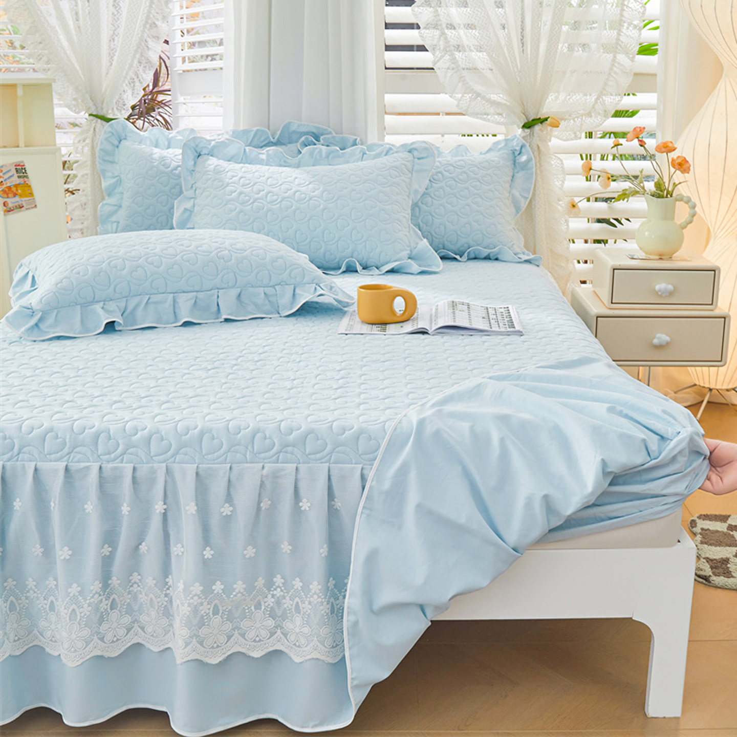 全棉夹棉床笠式床裙二合一体单件床罩公主风花边纯棉床单防滑四季,淘宝优惠券,粉丝福利购,淘宝优惠卷