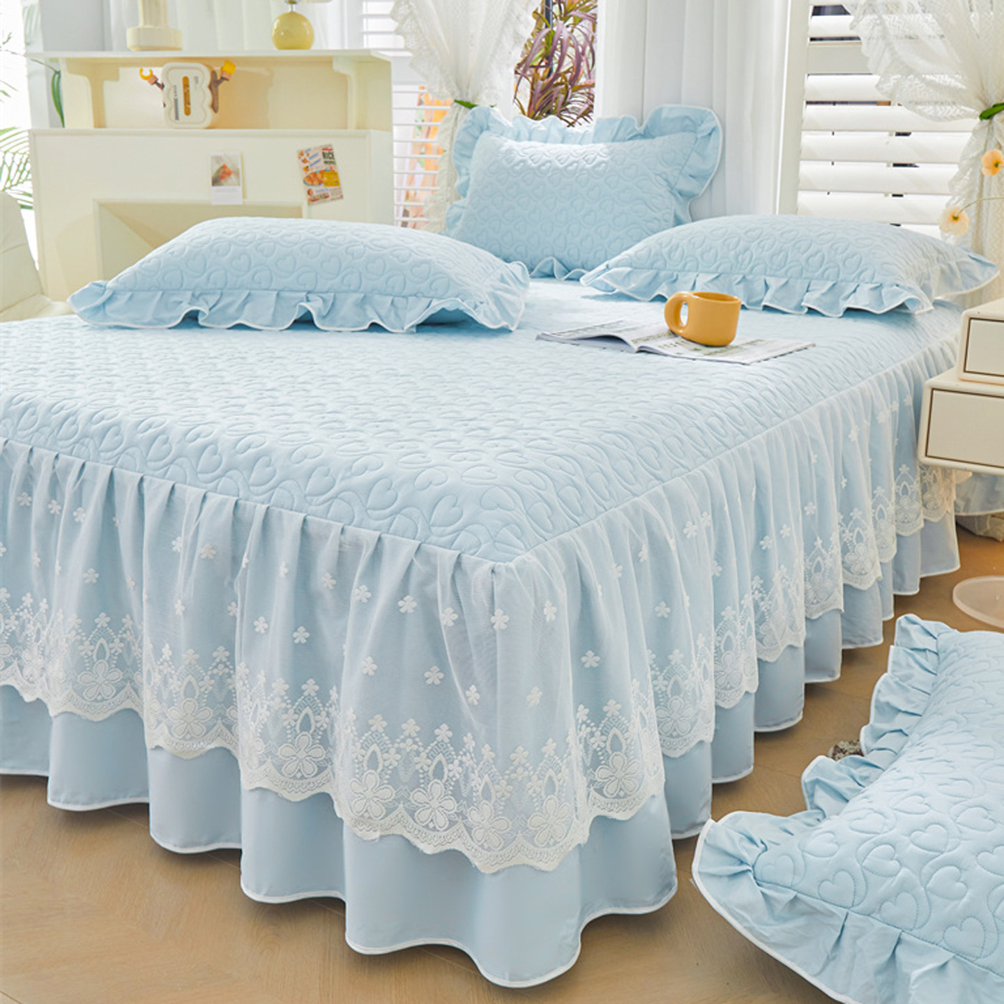 全棉夹棉床笠式床裙二合一体单件床罩公主风花边纯棉床单防滑四季,淘宝优惠券,粉丝福利购,淘宝优惠卷