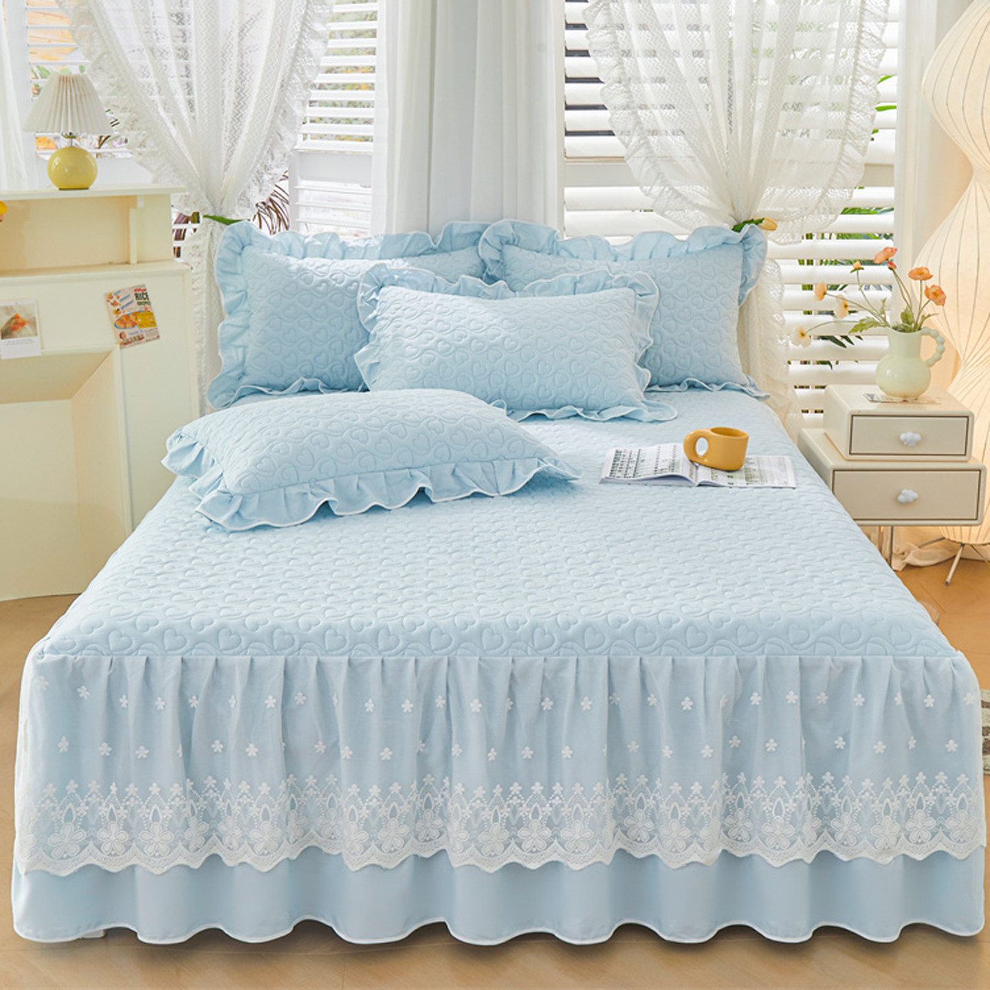 全棉夹棉床笠式床裙二合一体单件床罩公主风花边纯棉床单防滑四季,淘宝优惠券,粉丝福利购,淘宝优惠卷