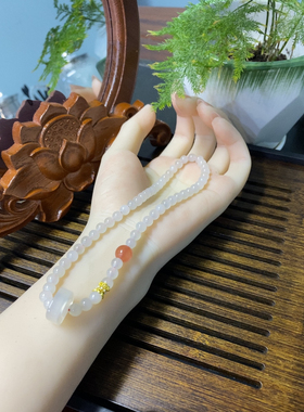 新疆直发正品和田玉藕粉手串女款圆珠两圈手链天然玉石带证书