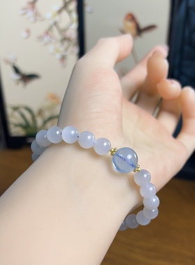 新疆直发和田玉浅烟紫手链天然玉石老料手串8mm单圈配海蓝宝珠子