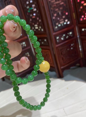新疆直发包邮菠菜绿天然碧玉和田玉手串女款圆珠国风新中式蜜蜡