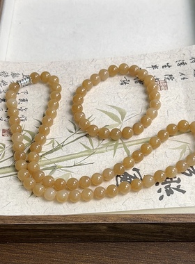 新疆直发和田玉且末糖玉项链手链两件套天然玉石老料8mm带证书