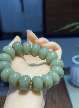新疆直发正品和田玉男士大号手链若羌青绿色大手串天然玉石带证书