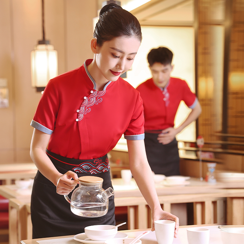 衣研堂餐饮服务员工作服女短袖饭店中餐厅酒店火锅店中式短袖夏装 - 图0