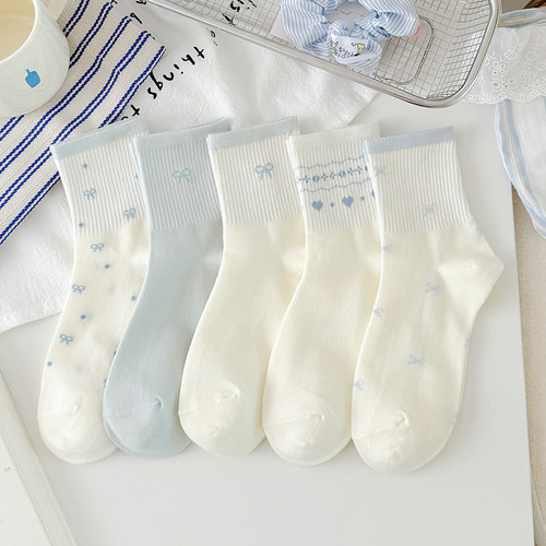 春秋新款蓝色袜子女中筒袜透气棉袜秋季韩版无骨运动风蝴蝶结长袜 - 图0