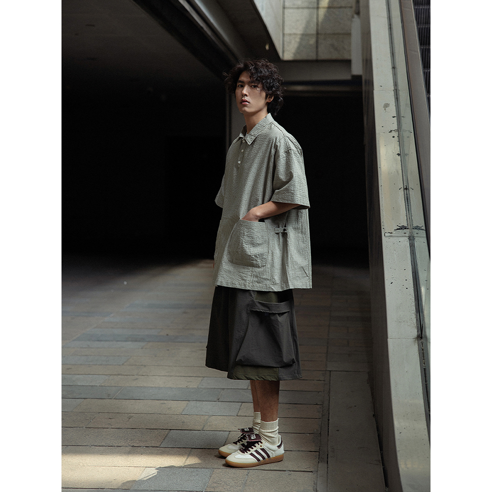 NOEARS夏季复古cityboy绿色条纹拼接短袖衬衣半门襟宽松衬衫男 - 图1