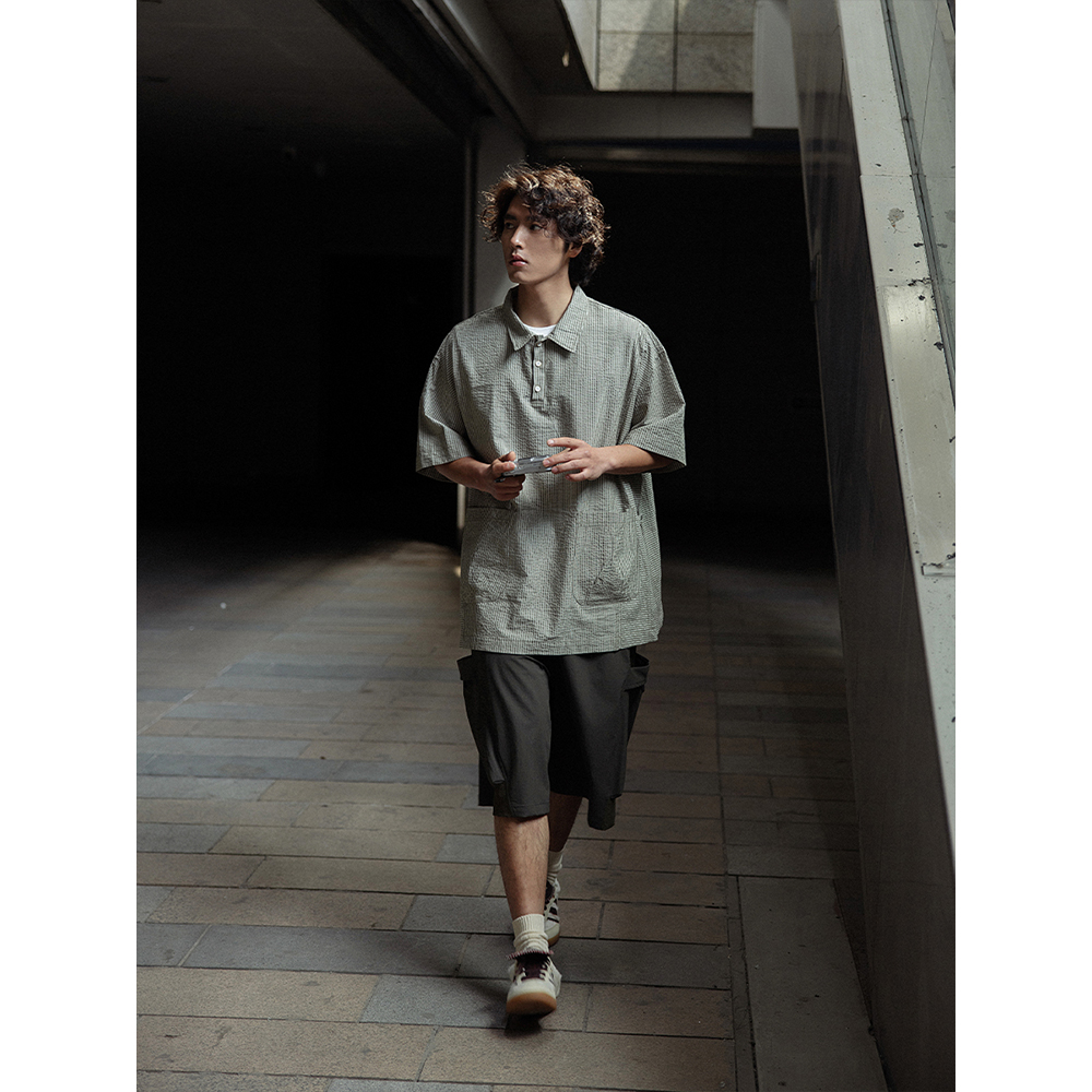 NOEARS夏季复古cityboy绿色条纹拼接短袖衬衣半门襟宽松衬衫男 - 图0