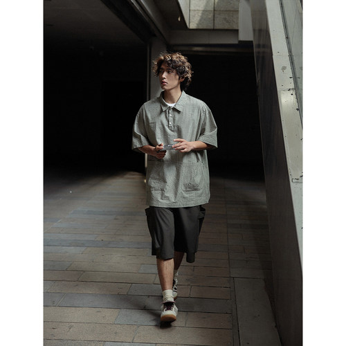 NOEARS夏季复古cityboy绿色条纹拼接短袖衬衣半门襟宽松衬衫男 - 图0