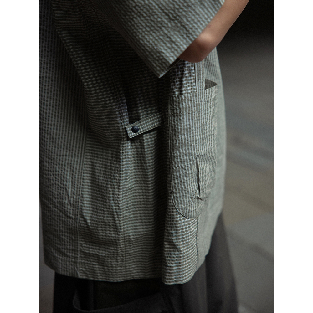 NOEARS夏季复古cityboy绿色条纹拼接短袖衬衣半门襟宽松衬衫男 - 图2