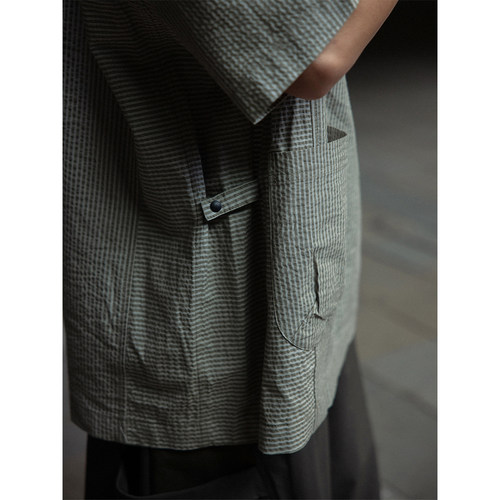 NOEARS夏季复古cityboy绿色条纹拼接短袖衬衣半门襟宽松衬衫男 - 图2