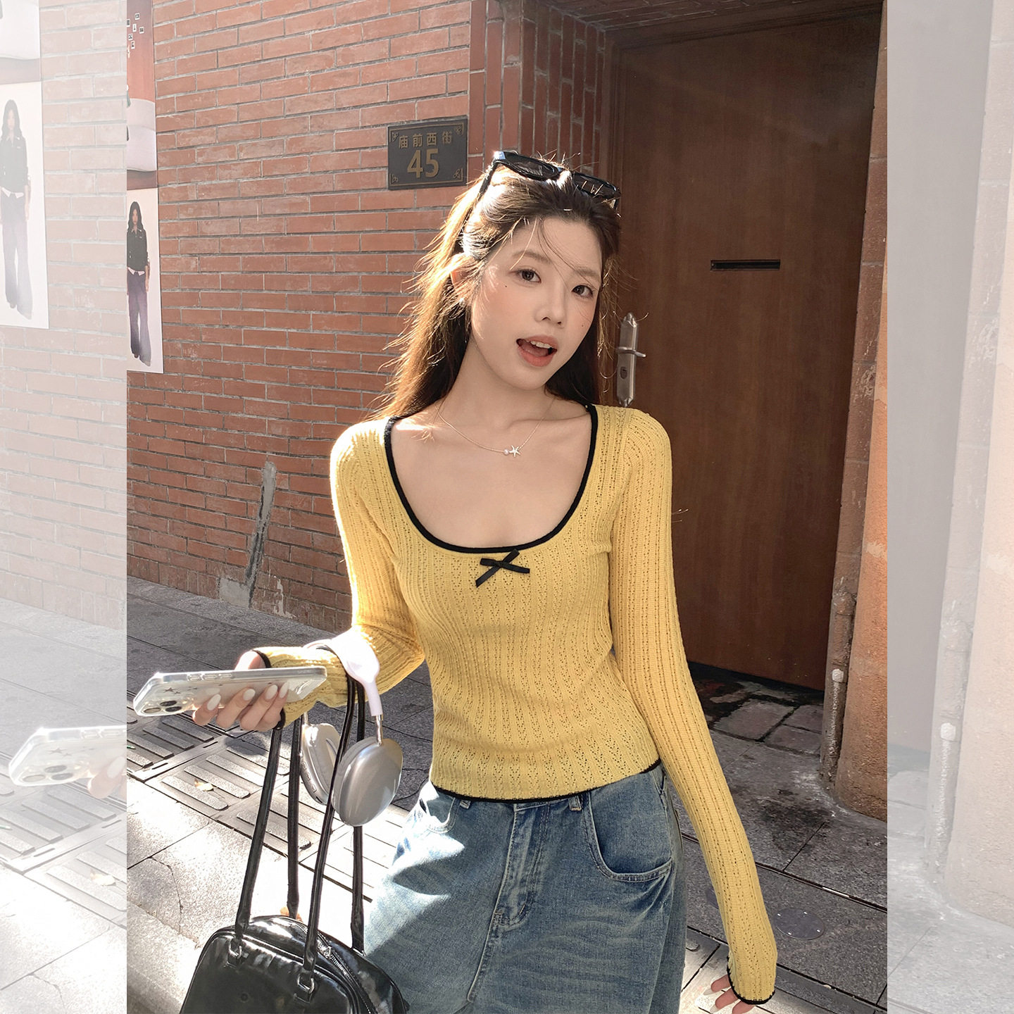 蝴蝶结撞色毛针织长袖T恤女韩系早秋穿搭正肩修身内搭打底衫上衣,淘宝优惠券,粉丝福利购,淘宝优惠卷