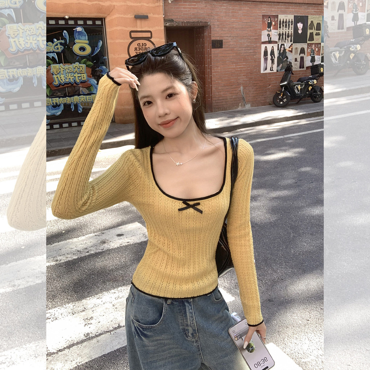 蝴蝶结撞色毛针织长袖T恤女韩系早秋穿搭正肩修身内搭打底衫上衣,淘宝优惠券,粉丝福利购,淘宝优惠卷