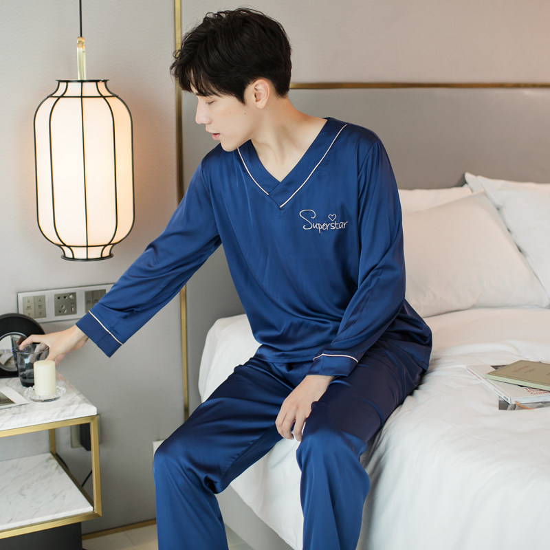 卡欧澜男春秋v领仿真丝绸长袖睡衣 卡欧澜睡衣/家居服套装