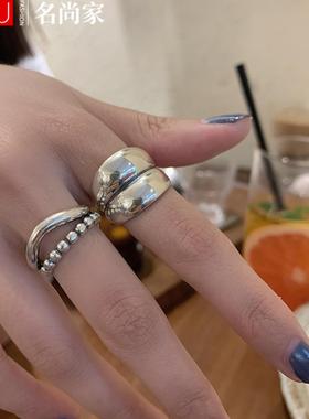 韩国圆珠复古重工戒指女925镀银