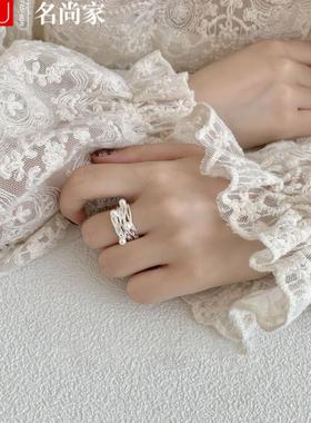 甜酷多层线条缠绕珍珠戒指女优雅