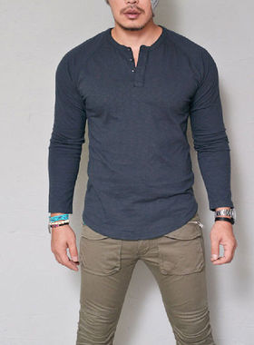 Men's long-sleeve crew neck button T-shirt 圆领纽扣长袖t恤男