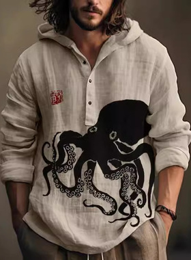 Printed Hooded Long-Sleeve Casual Men's Shirt 连帽休闲男衬衫