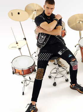 Men's rivets stars printed patchwork black jeans