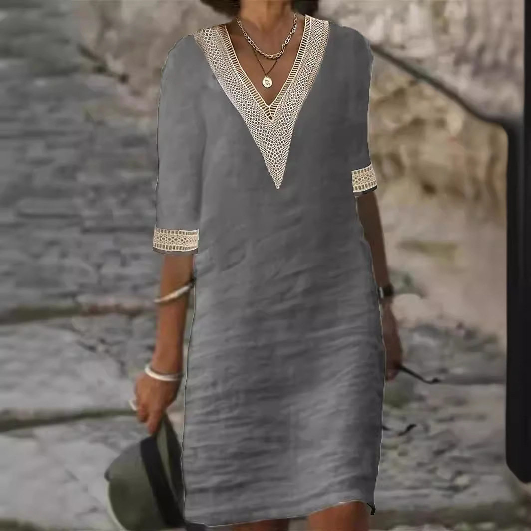 2024 Women's solid V-neck mid sleeved casual dress休闲连衣裙,淘宝优惠券,粉丝福利购,淘宝优惠卷