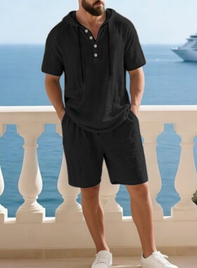 Men's Solid Color Hoodie Short Sleeve and Shorts Set连帽套装