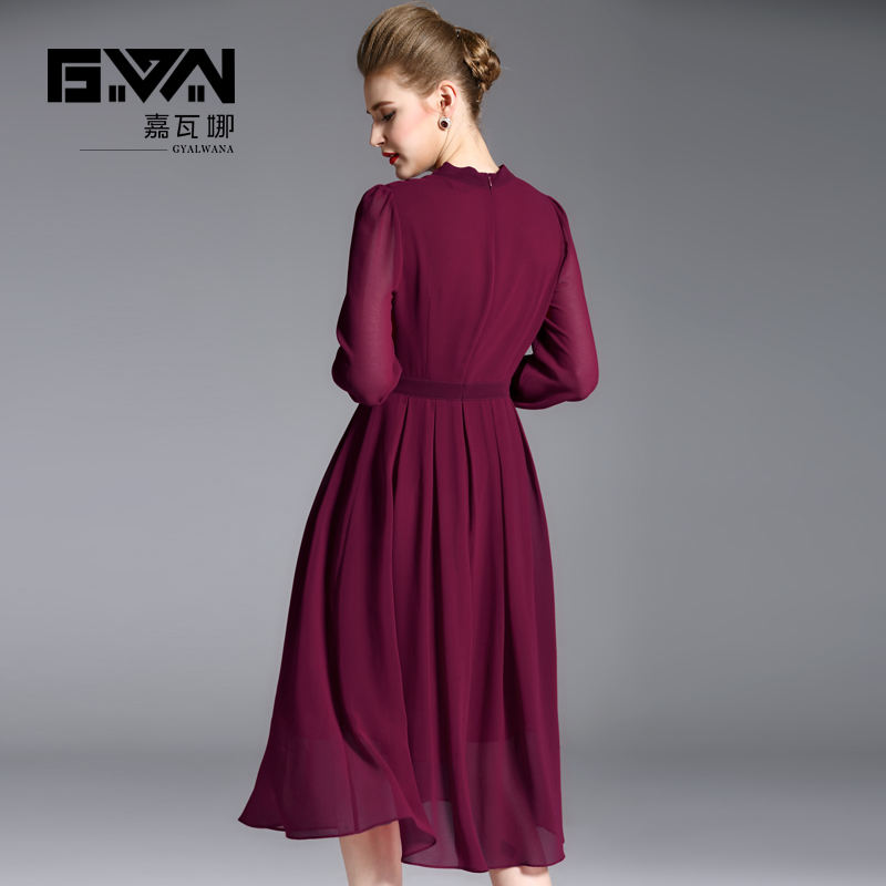 酒红色雪纺连衣裙长袖女2018新款简约气质收