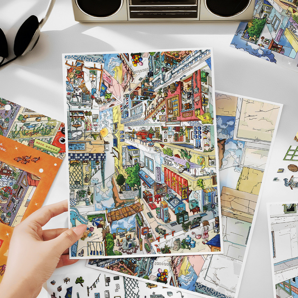 infeelme我的小屋第二十弹系列旧楼游鱼倒悬之城造景贴纸微缩场景3d立体小屋贴画手账手工diy解压玩具女孩,淘宝优惠券,粉丝福利购,淘宝优惠卷