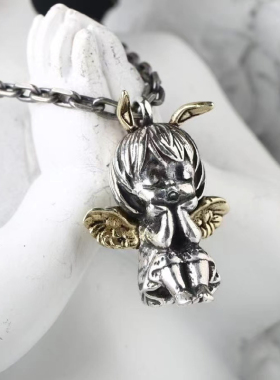 梅卡原创925银做旧天使女孩项链可爱复古小天使吊坠送女男生礼物