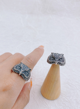 纯银猫头鹰戒指恶魔之眼雄鹰男戒复古鹰头开口食指个性银饰戒子潮
