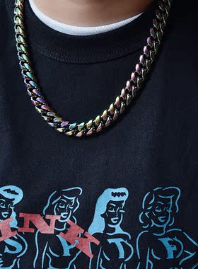 炫彩古巴链男潮单链子粗款霸气钛钢锁骨链短款hiphop个性嘻哈项链