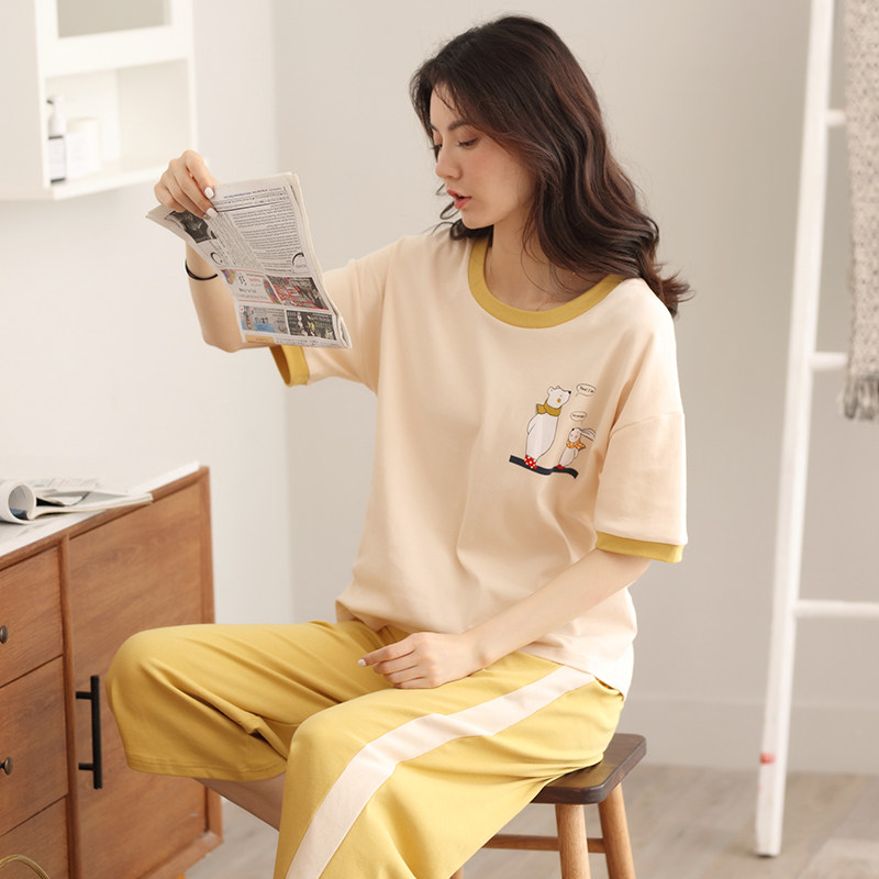 夏季纯棉短袖长裤套头简约可爱睡衣 索纳茜睡衣/家居服套装