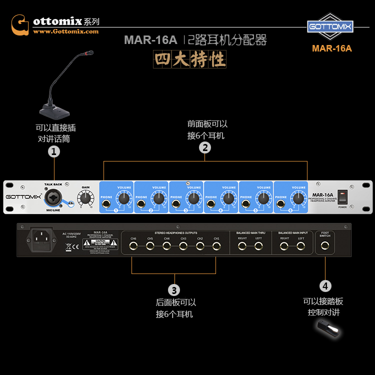 Gottomix MAR-16A录音棚用八通道6路耳机放大器12路耳机分配器-图2