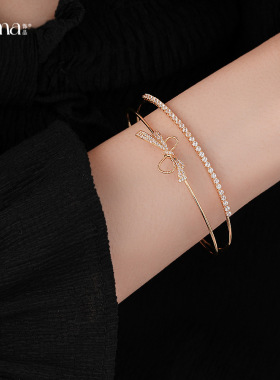 轻奢锆石蝴蝶结双层开口手镯小众设计感手环时尚通勤百搭手饰