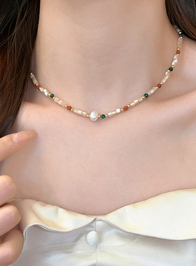 轻奢多巴胺贝珠巴洛克珍珠项链简约锁骨链法式时尚气质项链