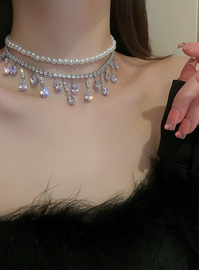 欧美跨境锆石蝴蝶结珍珠项链轻奢小众气质毛衣链精致时尚气质项饰