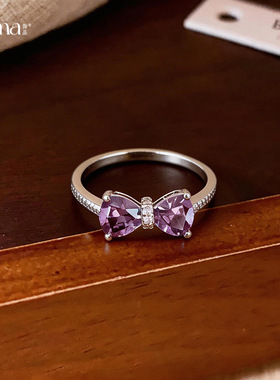 甜美轻奢风粉色锆石蝴蝶结戒指女网红开口可调节高碳钻食指戒指环