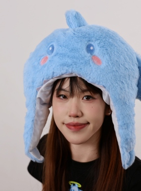 可爱搞怪卡通海洋生物蓝色毛绒鲨鱼头套帽子拍照表演游乐场装饰